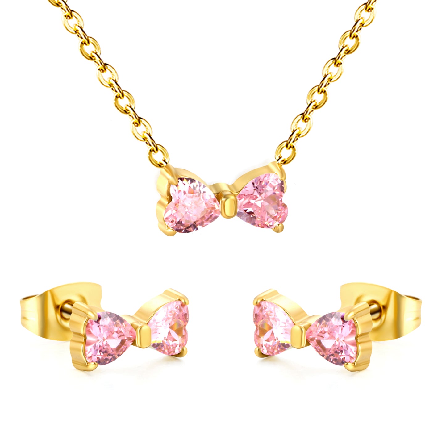 Set Cercei si Colier Pink Bow Placat cu Aur 18K