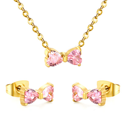 Set Cercei si Colier Pink Bow Placat cu Aur 18K