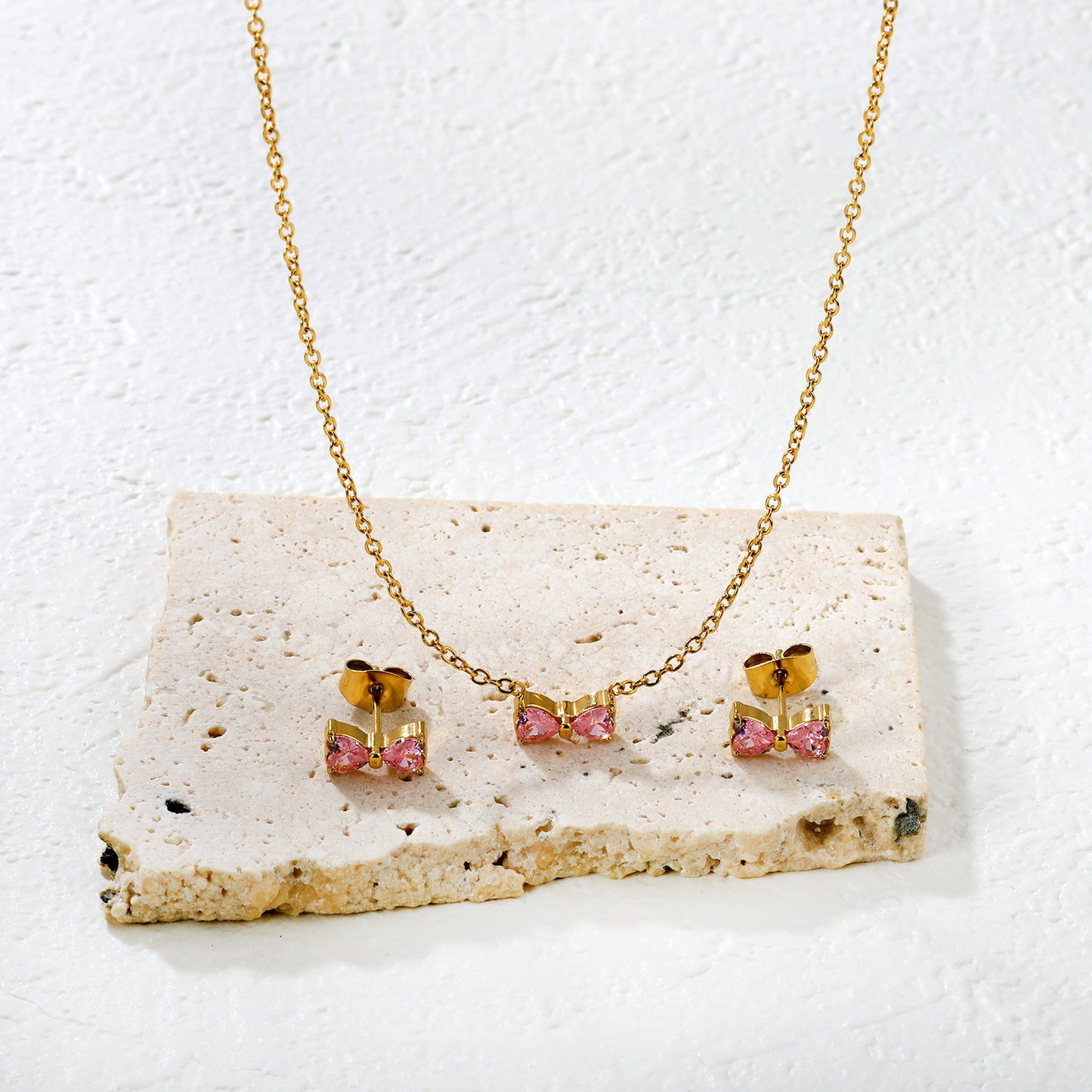 Set Cercei si Colier Pink Bow Placat cu Aur 18K