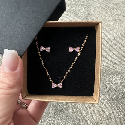 Set Cercei si Colier Pink Bow Placat cu Aur 18K